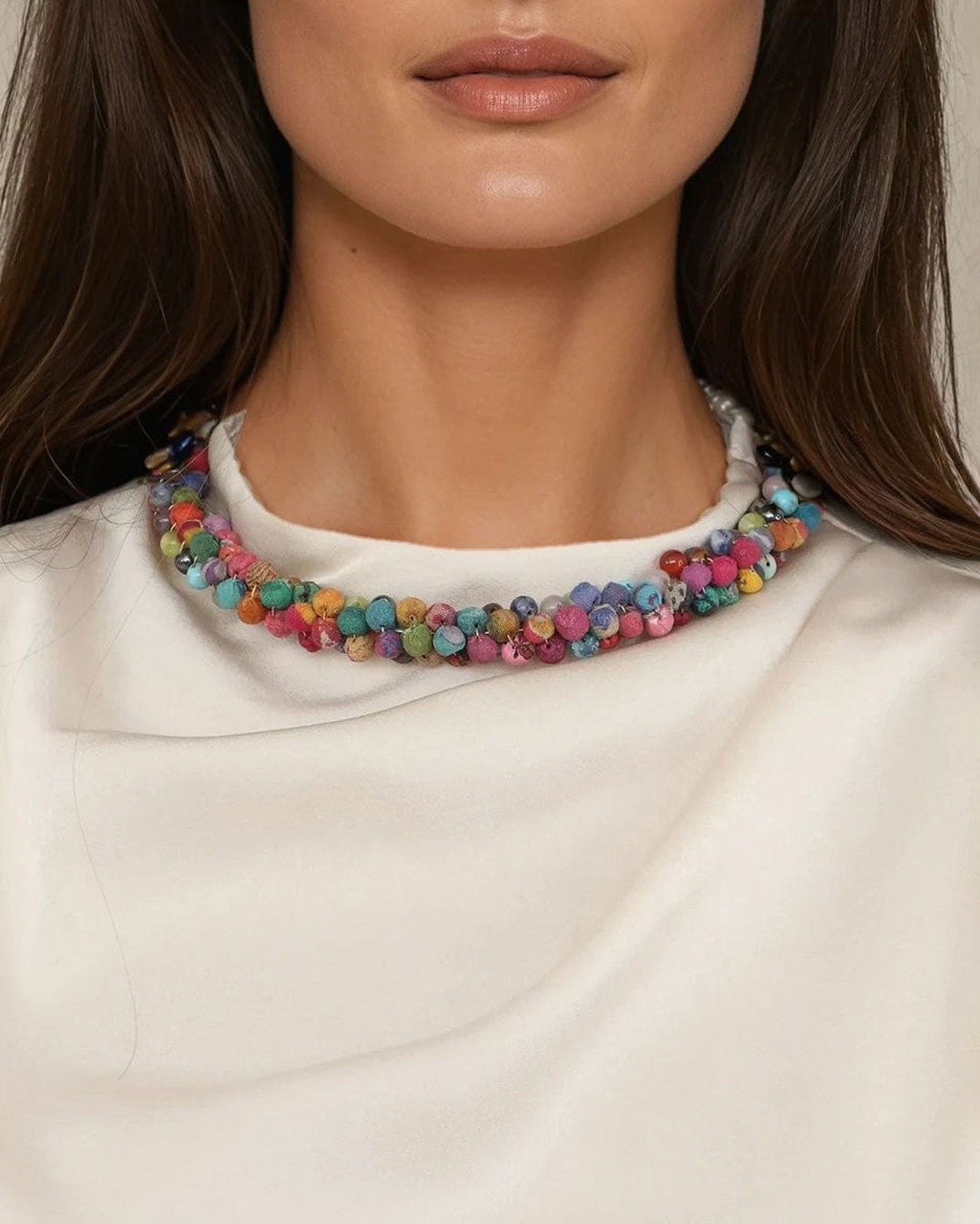 Mixed-Color Fabric-Wrapped Bead Collar Necklace