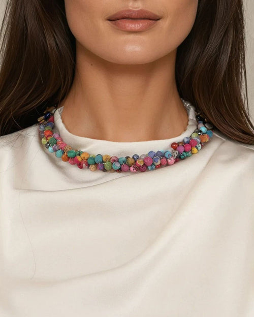 Mixed-Color Fabric-Wrapped Bead Collar Necklace
