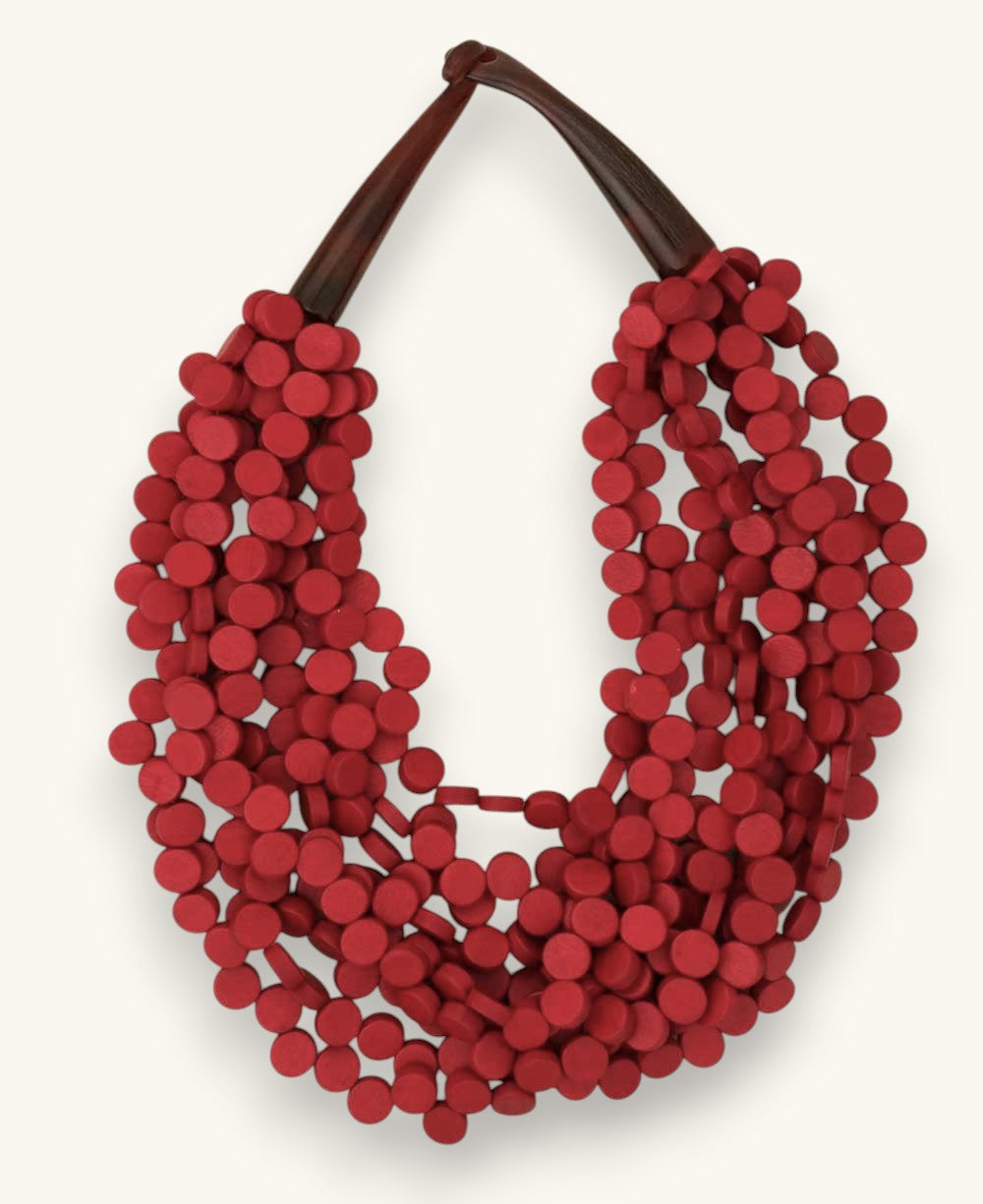 Red Wood Disc Multi-Strand Collar