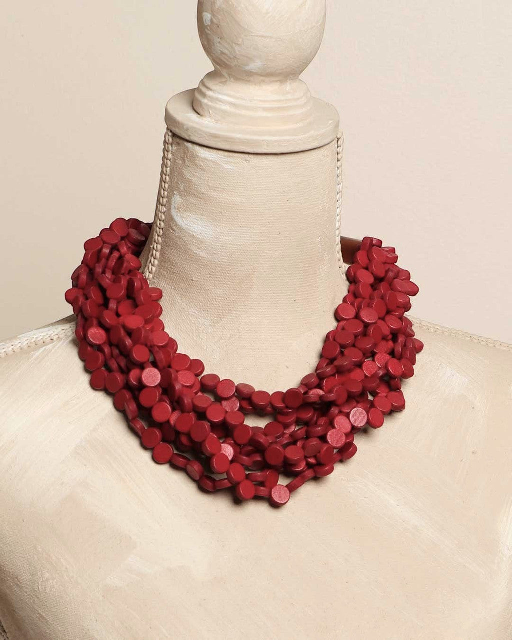 Red Wood Disc Multi-Strand Collar