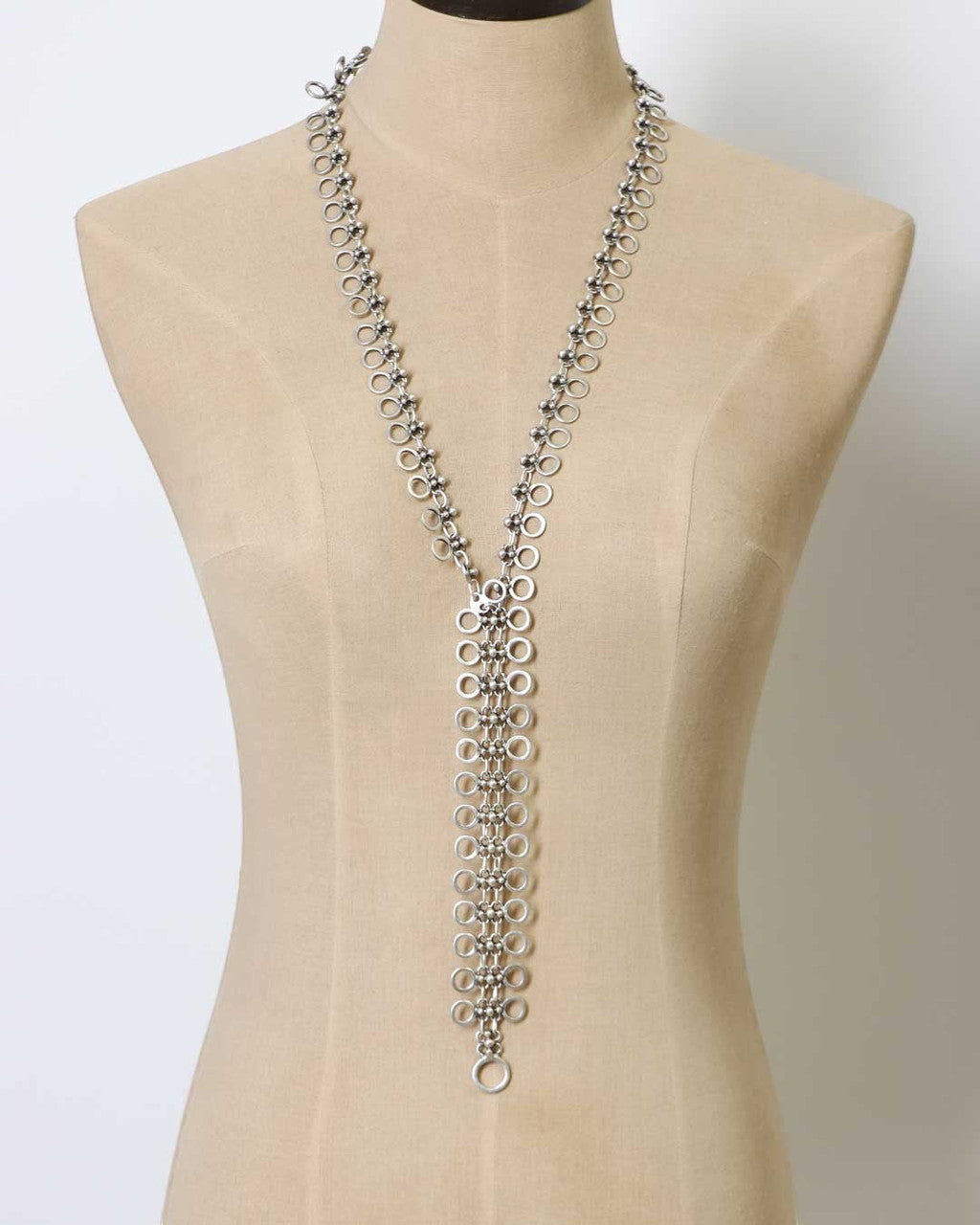 Cutout Disc Lariat Necklace with Woven Silver Drop