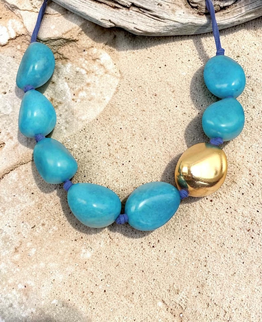 Turquoise Tagua Necklace with Gold Pod