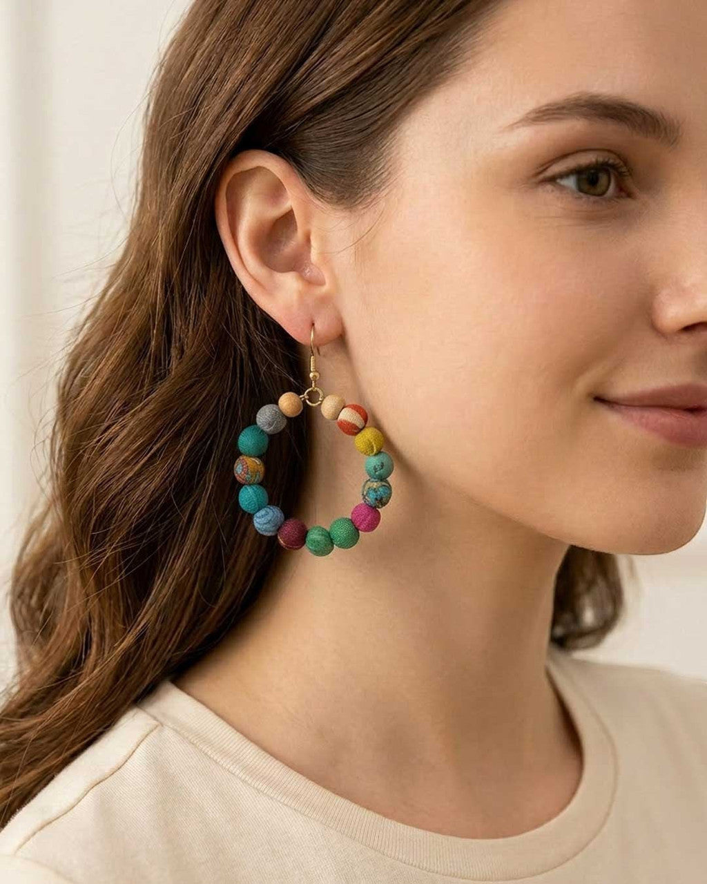 Kantha Patchwork Bead Hoop Earrings