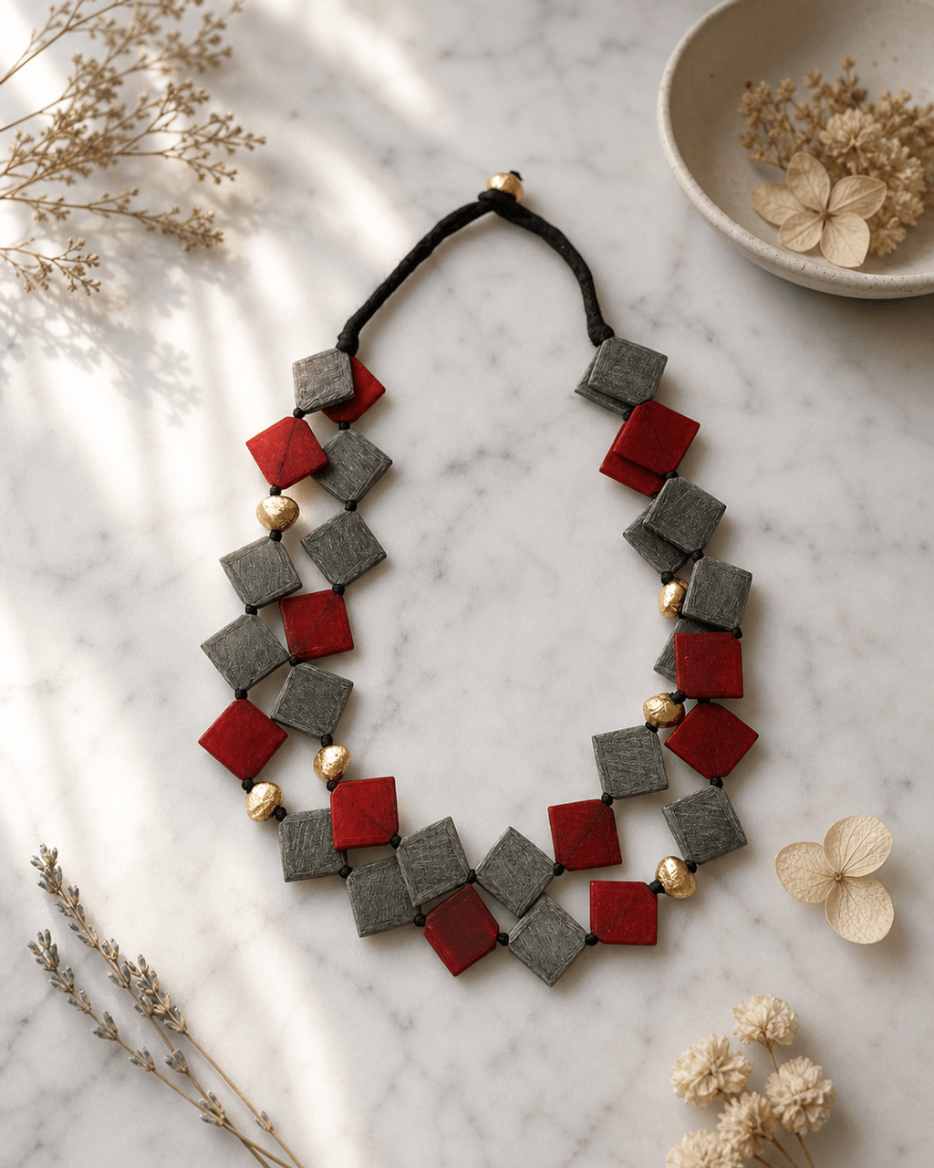 Deep Red and Gray Diamond-Set Horn Necklace