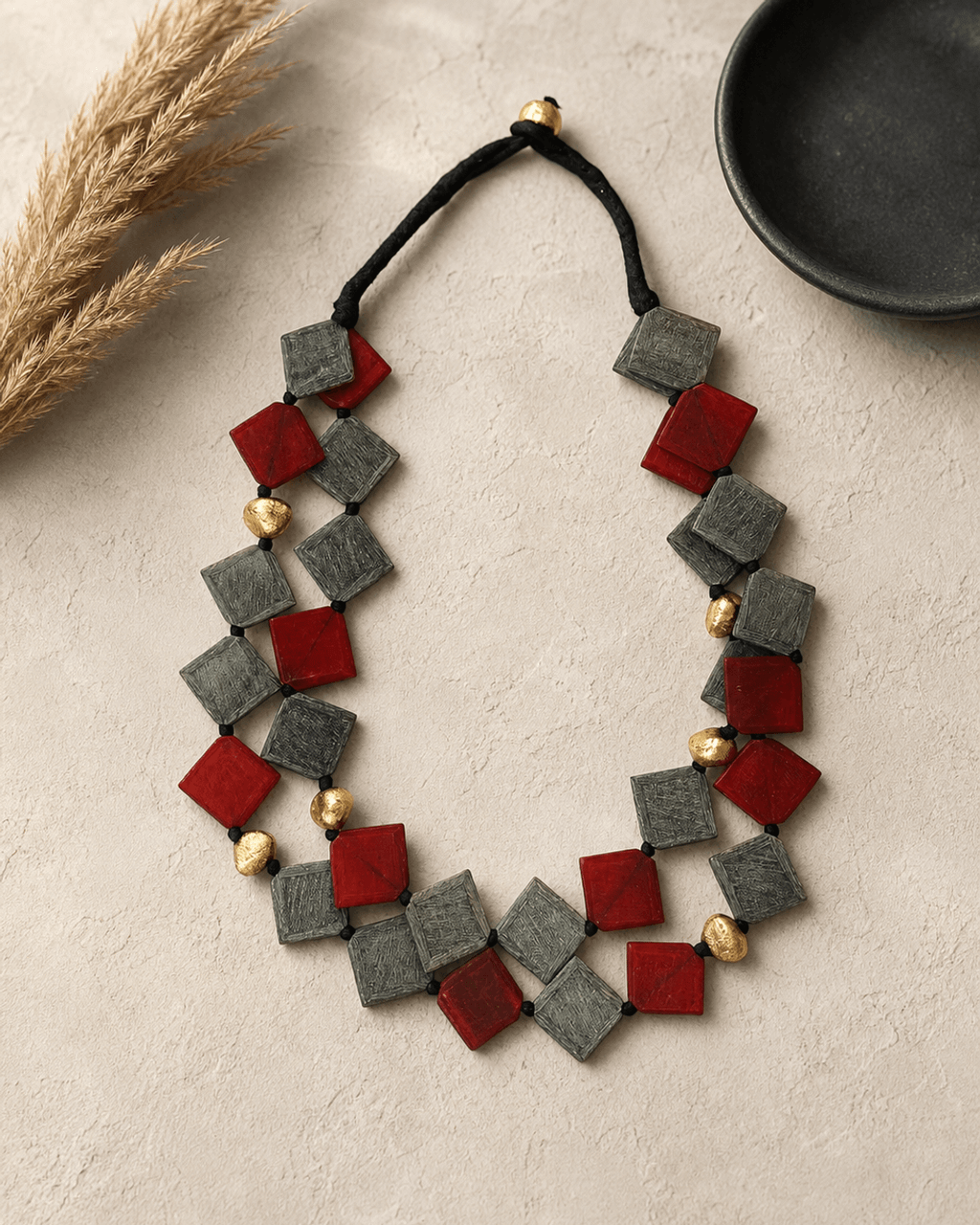 Deep Red and Gray Diamond-Set Horn Necklace