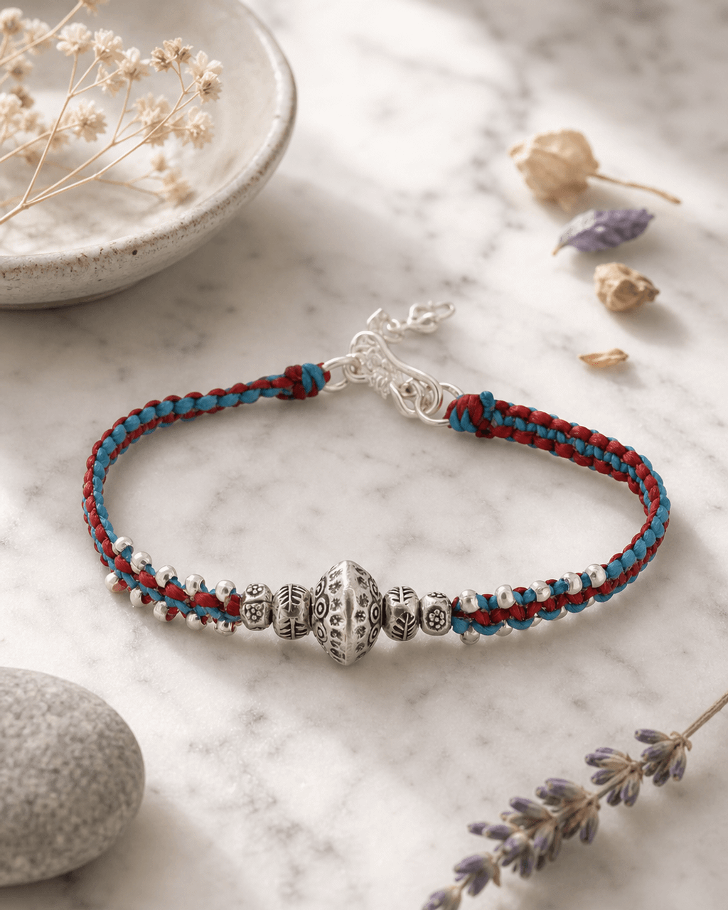 Navy and Mustard Braided Silver Bead Bracelet