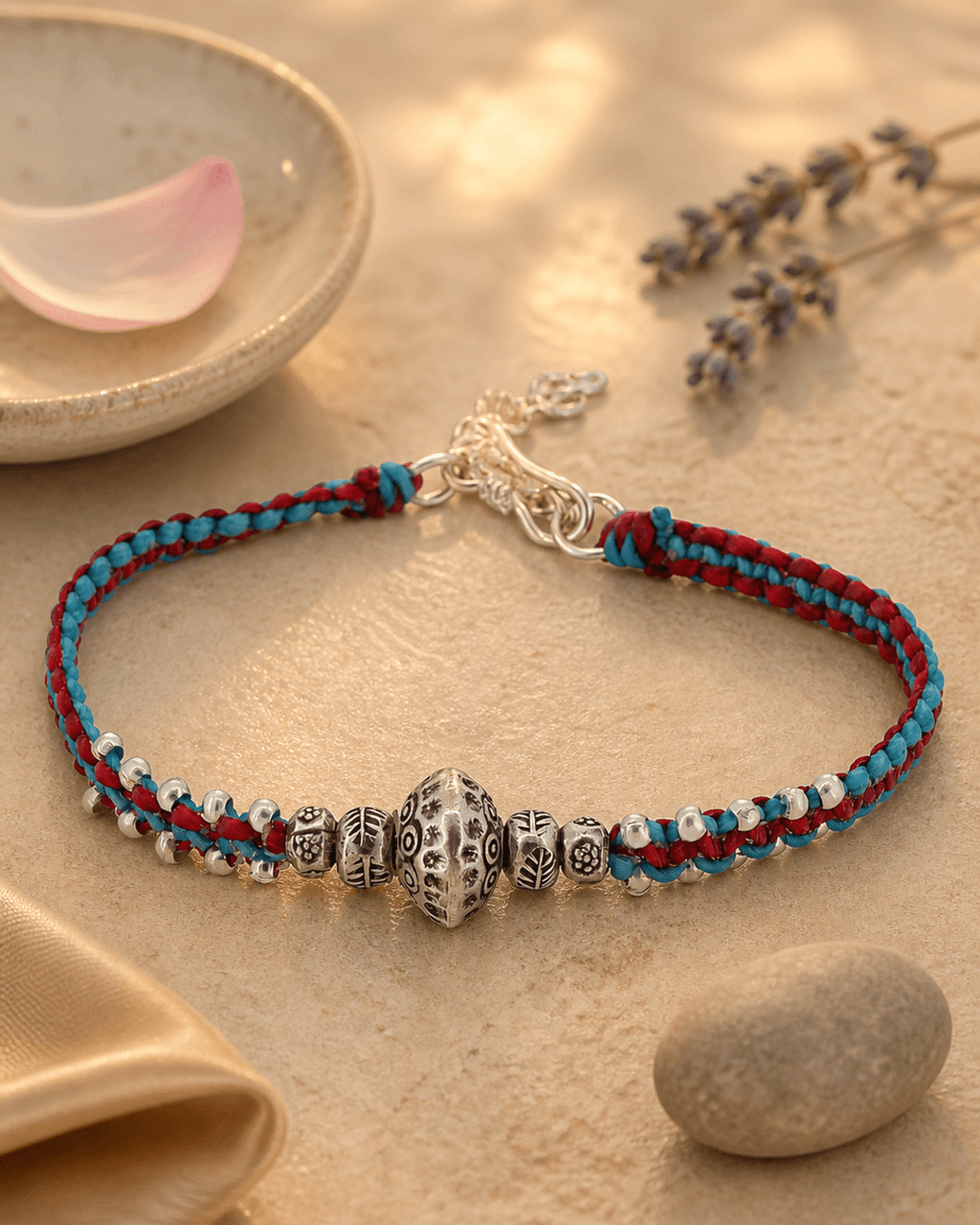 Navy and Mustard Braided Silver Bead Bracelet