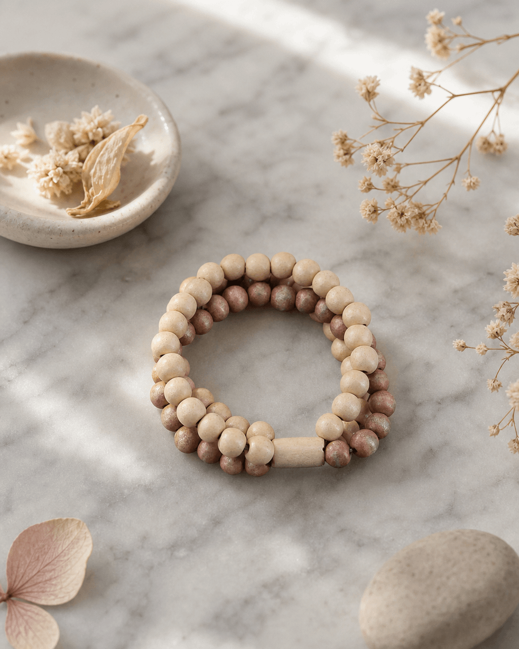 Ivory and Rose Wood Bead Stack Bracelet