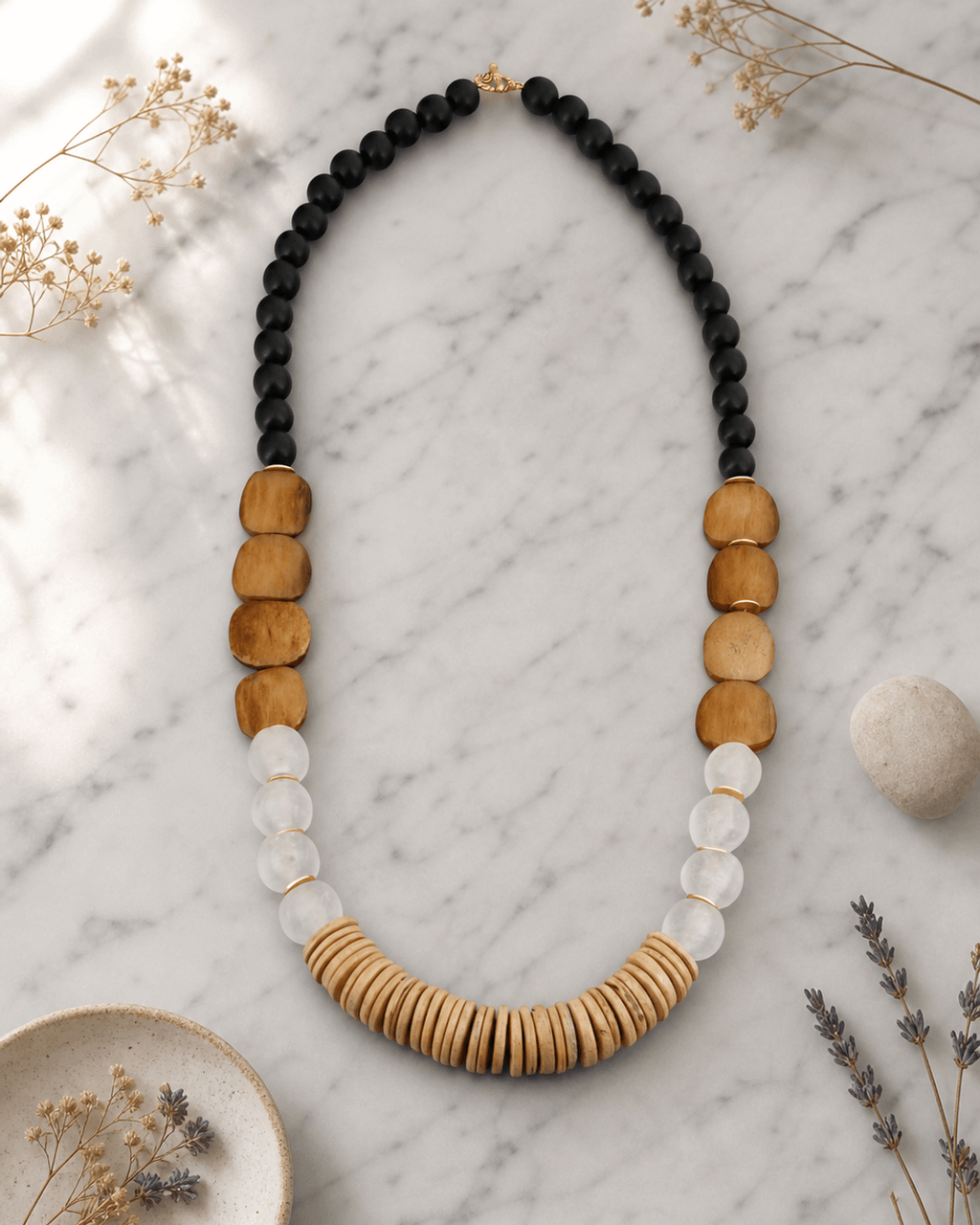 Earthform Graduated Necklace — Coconut Wood, Bone & Recycled Glass