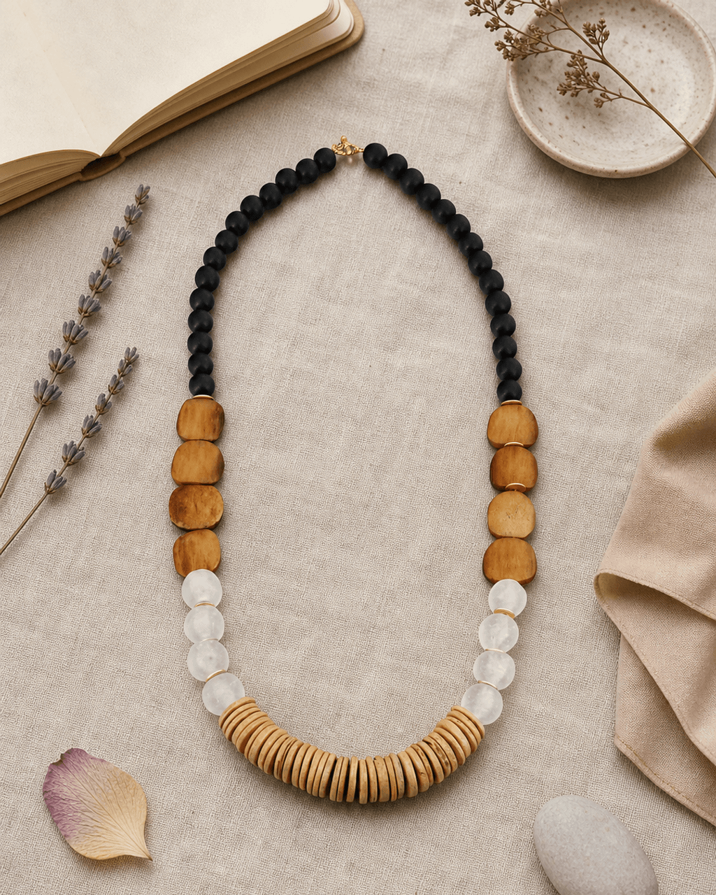 Earthform Graduated Necklace — Coconut Wood, Bone & Recycled Glass