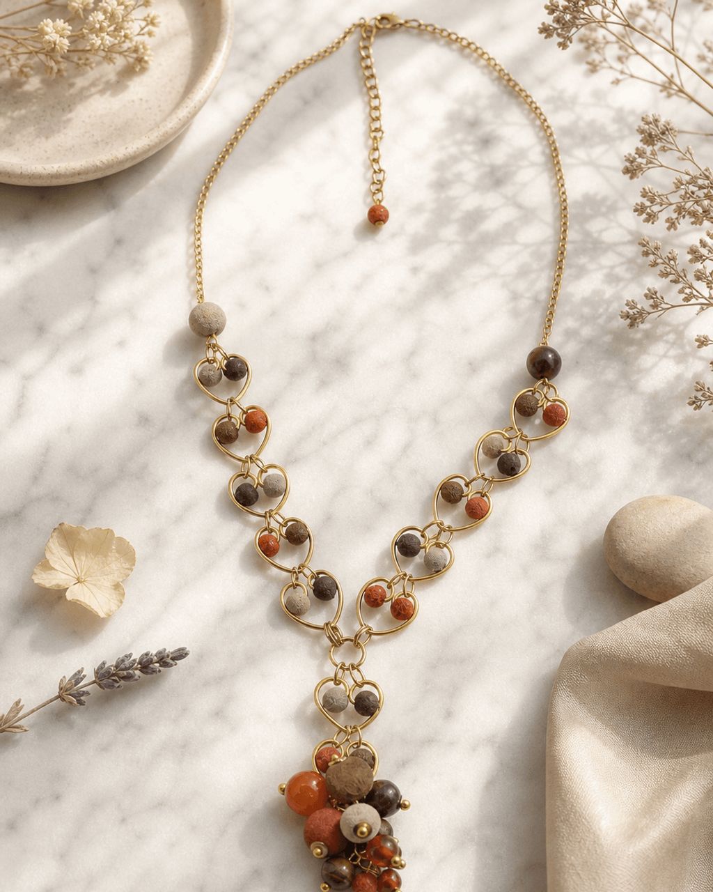 Heart-Link Y Necklace with Earthtone Bead Cluster