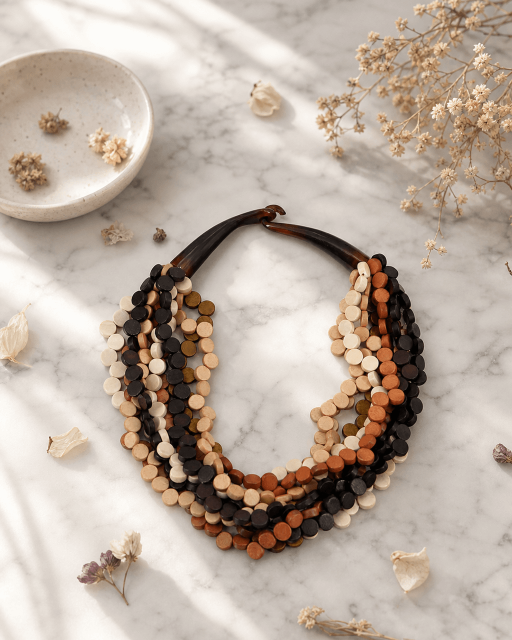 Twisted Wood Disc Collar in Cream, Rust and Espresso
