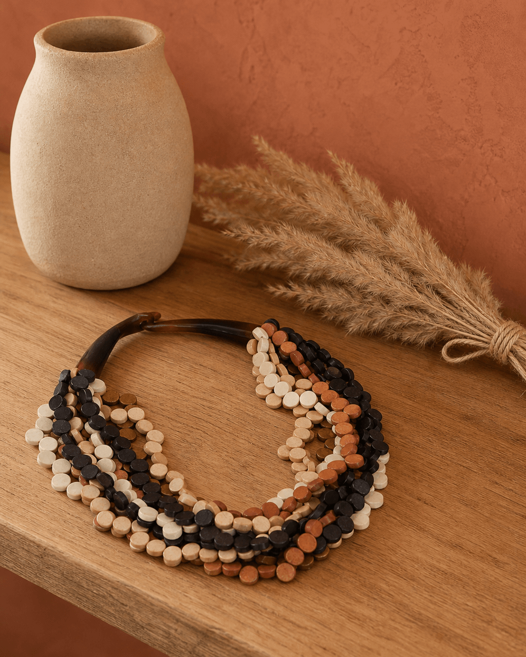 Twisted Wood Disc Collar in Cream, Rust and Espresso