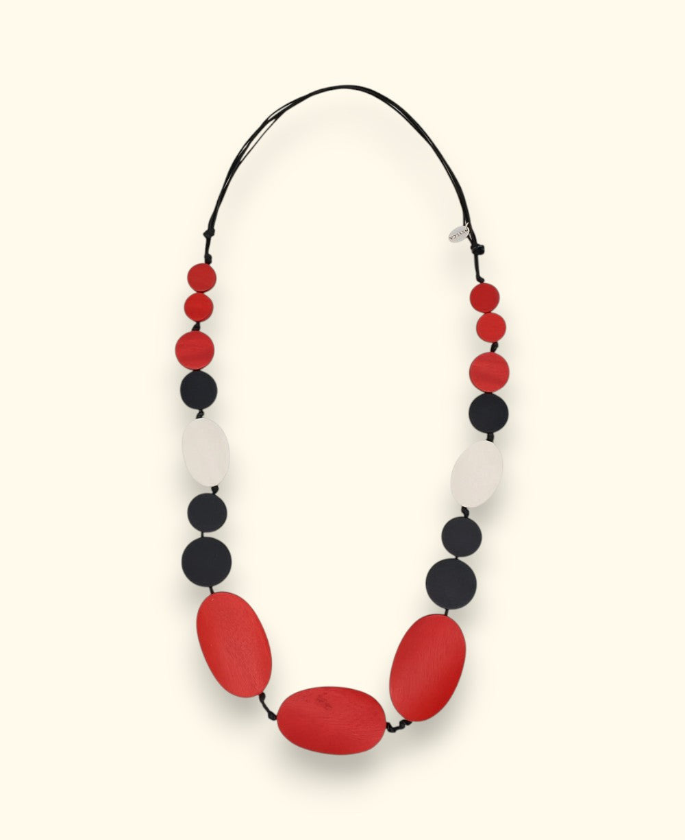 Graduated Wood Bead Necklace in Red, Black and Cream