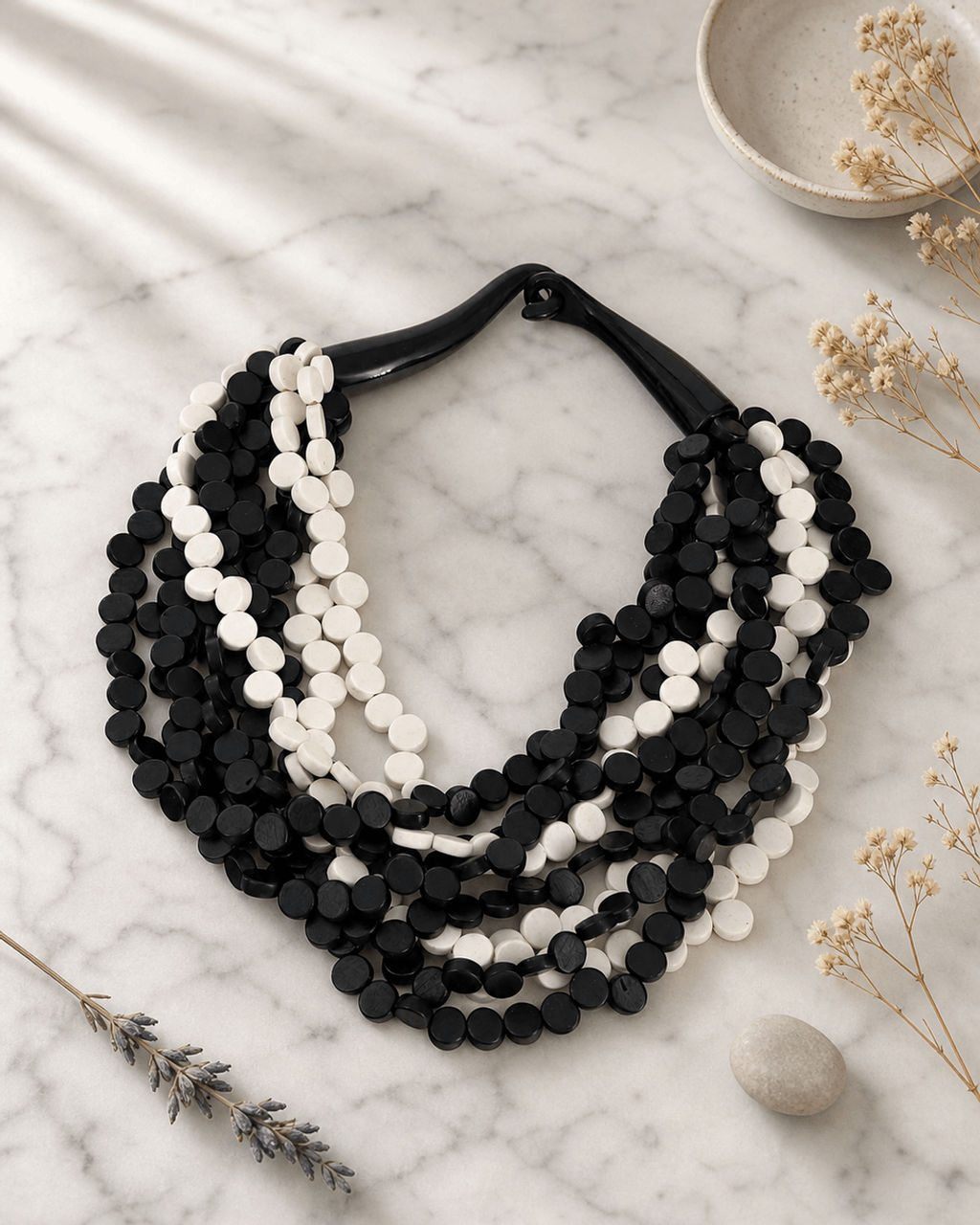 Twisted Nine-Strand Disc Necklace, Black and White
