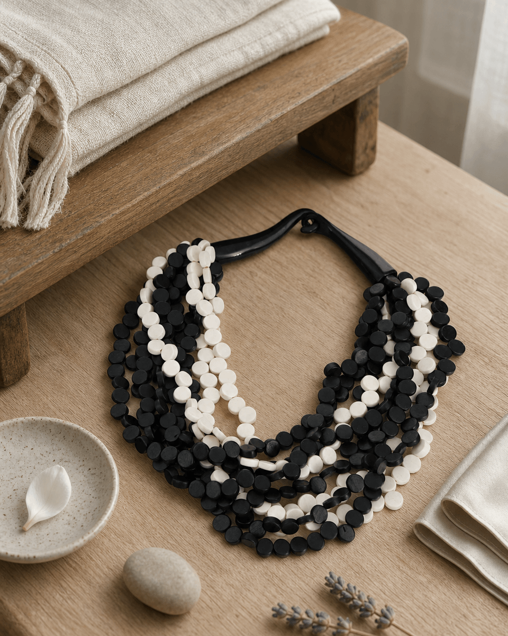 Twisted Nine-Strand Disc Necklace, Black and White