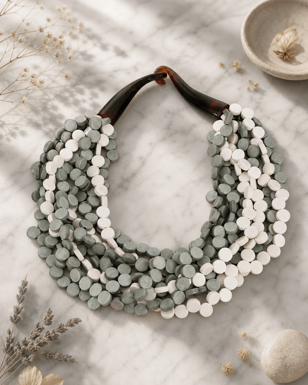 Nine-Strand Wood Disc Necklace, Gray and Cream
