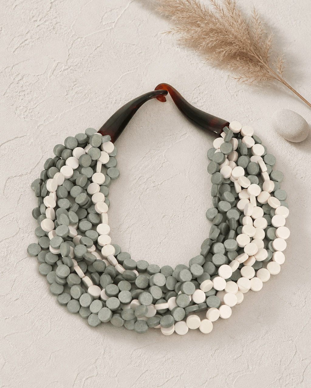 Nine-Strand Wood Disc Necklace, Gray and Cream