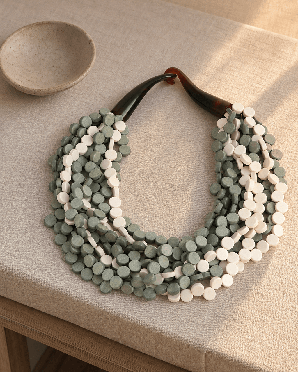 Nine-Strand Wood Disc Necklace, Gray and Cream
