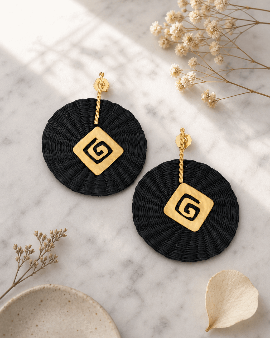 Woven Black Disc Earrings with Gold Spiral Charm