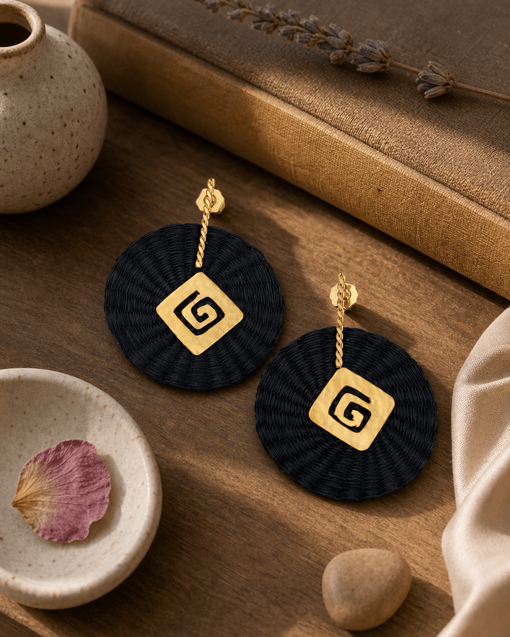 Woven Black Disc Earrings with Gold Spiral Charm