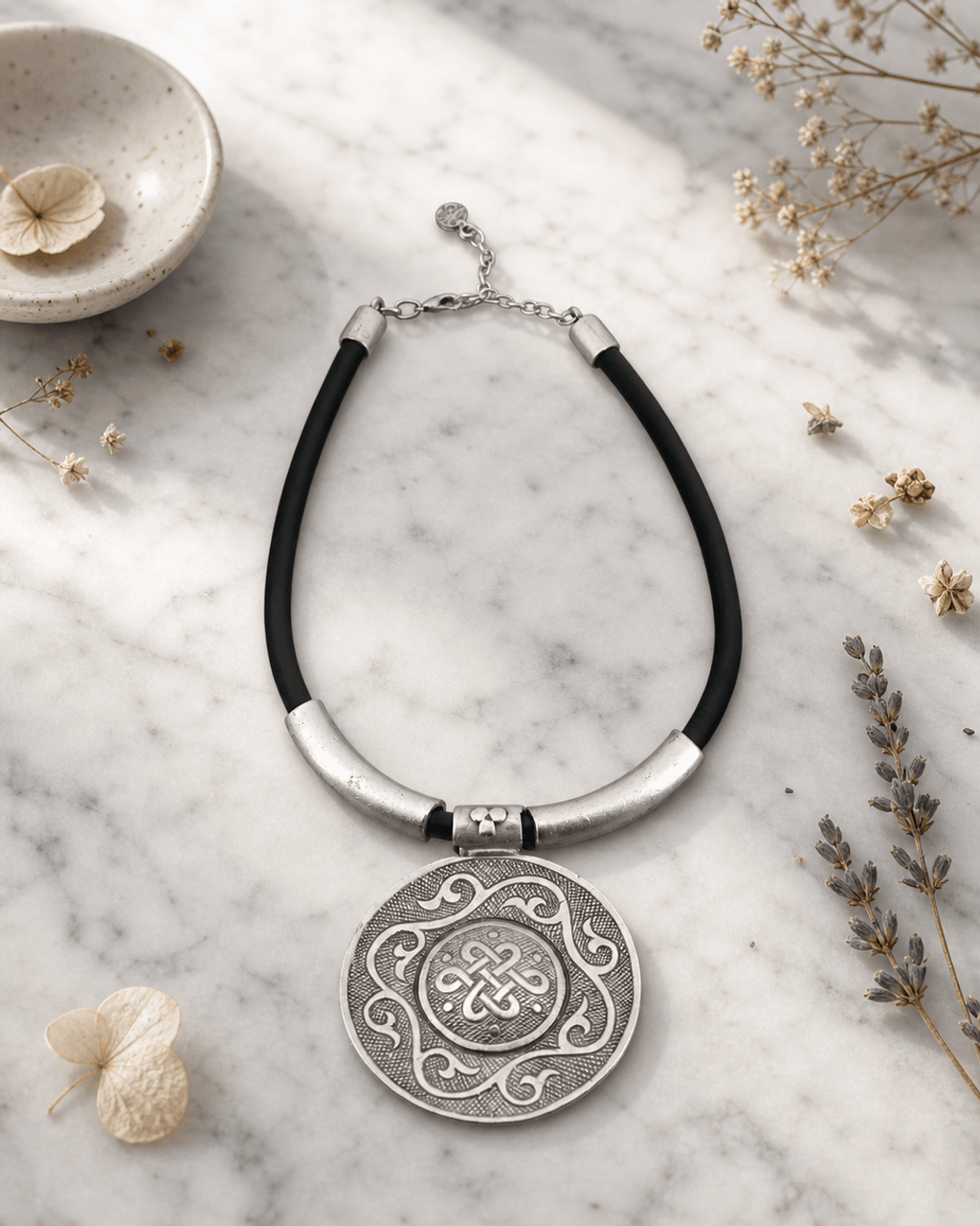 Engraved Knot Medallion on Black Cord
