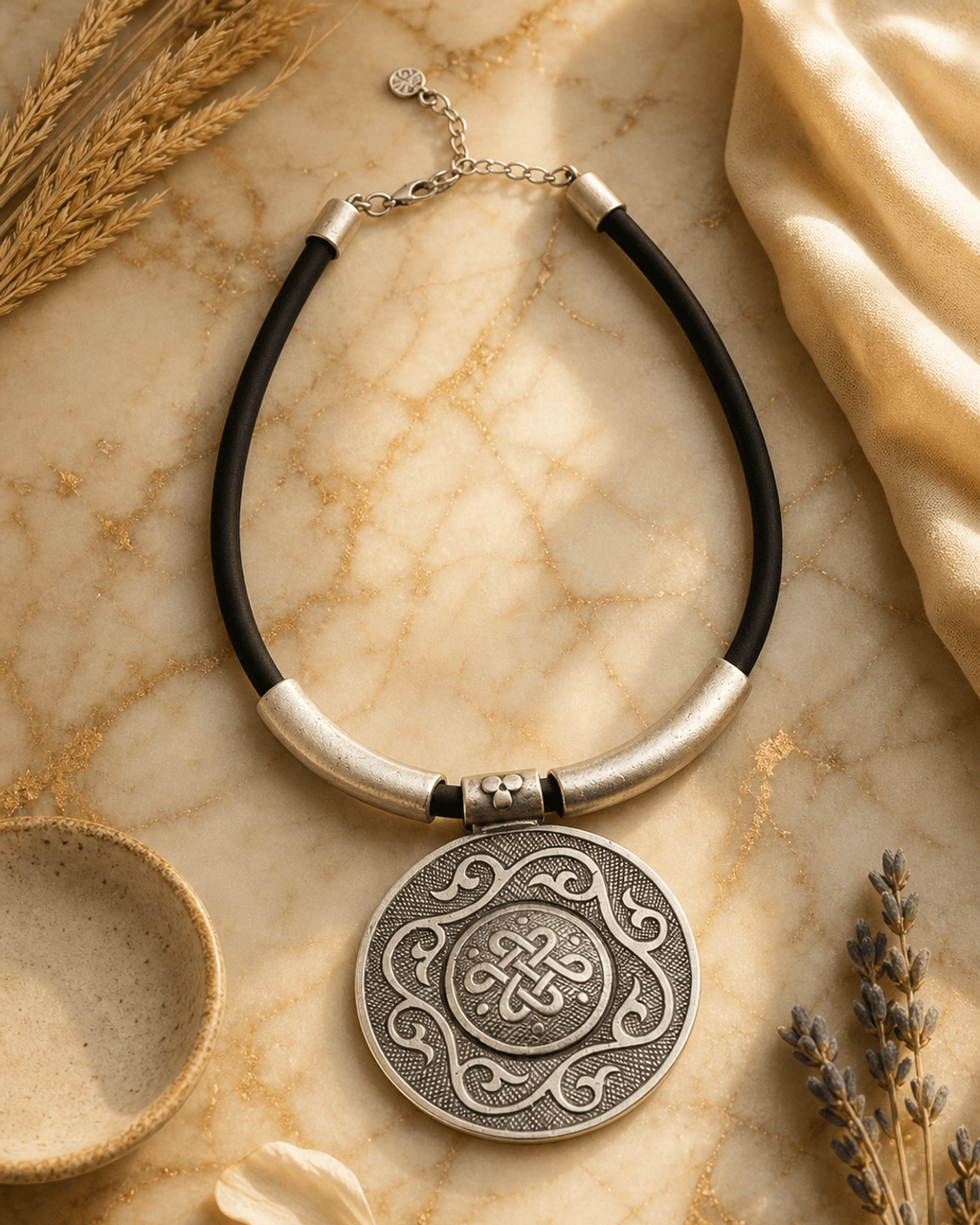 Engraved Knot Medallion on Black Cord
