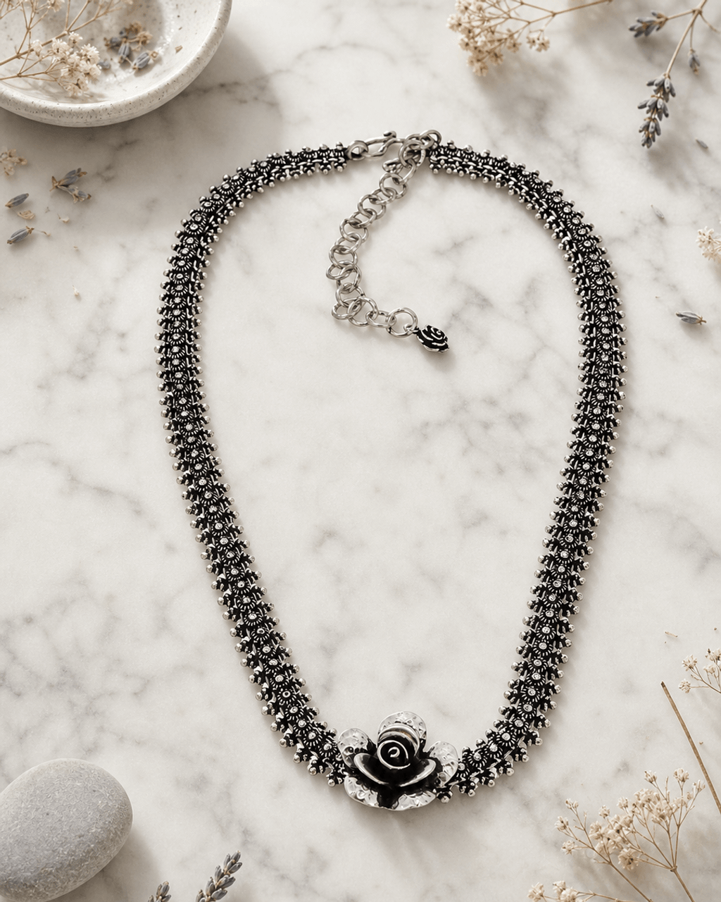 Silver Floret Collar with Oxidized Rose Centerpiece