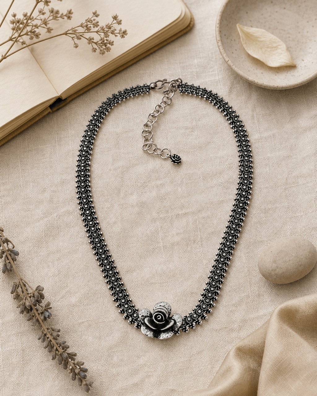 Silver Floret Collar with Oxidized Rose Centerpiece