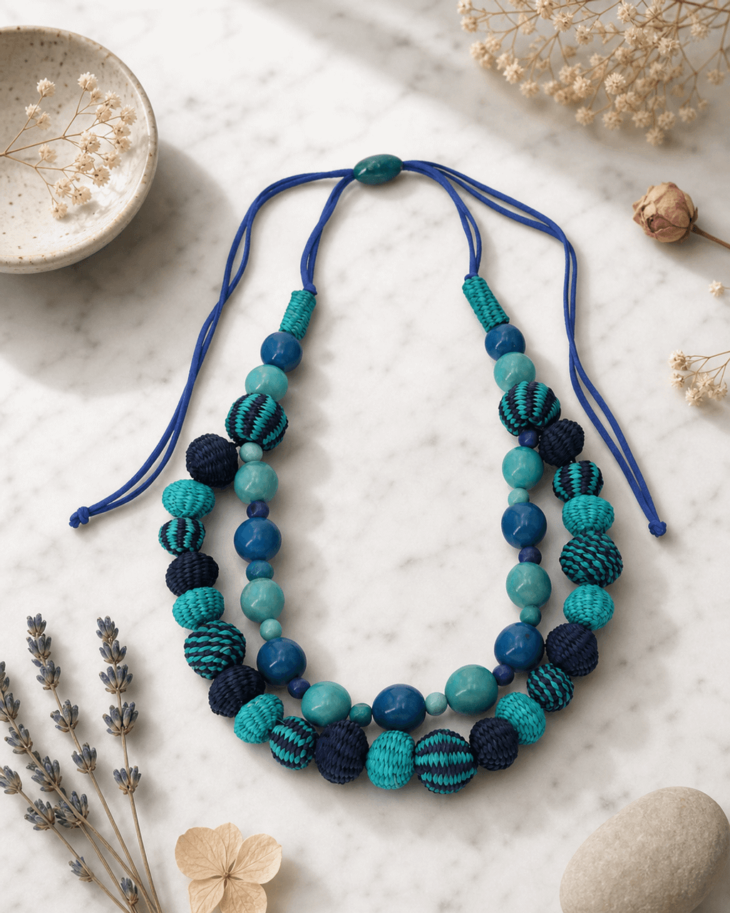 Double-Strand Woven Bead Necklace, Sea Blues