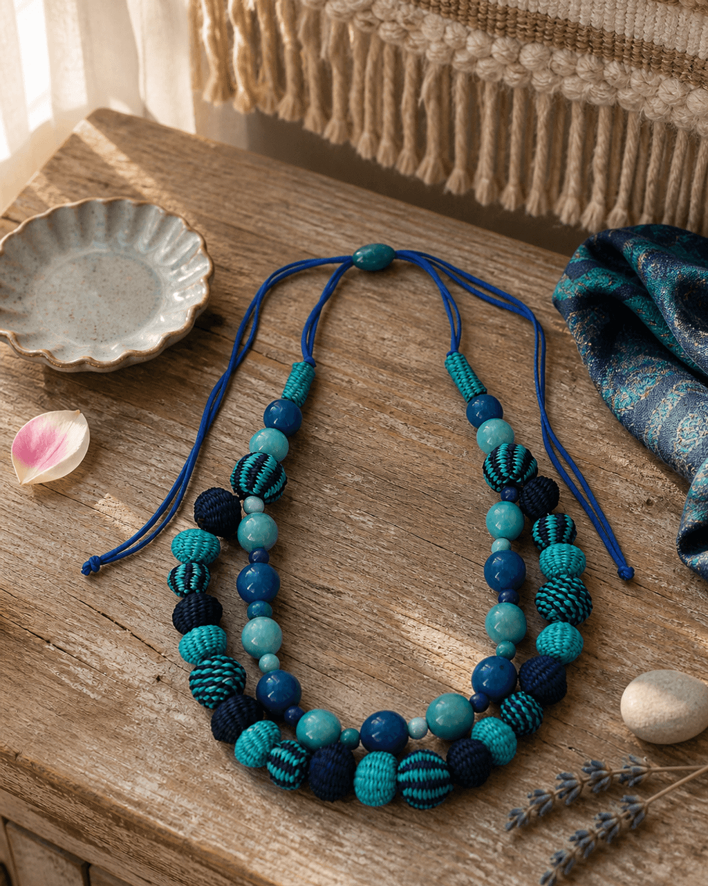 Double-Strand Woven Bead Necklace, Sea Blues