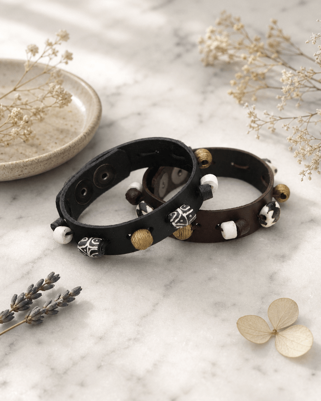 Painted Bead & Brass Leather Cuff