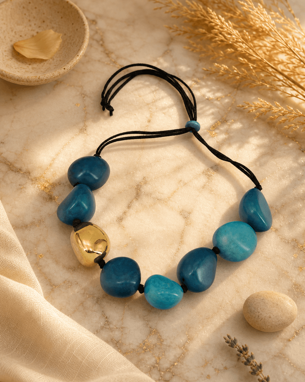 Teal Tagua Nugget Necklace with Gold Pod