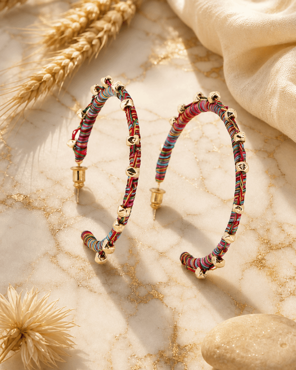 Multicolor Thread-Wrapped Hoop Earrings with Gold Beads