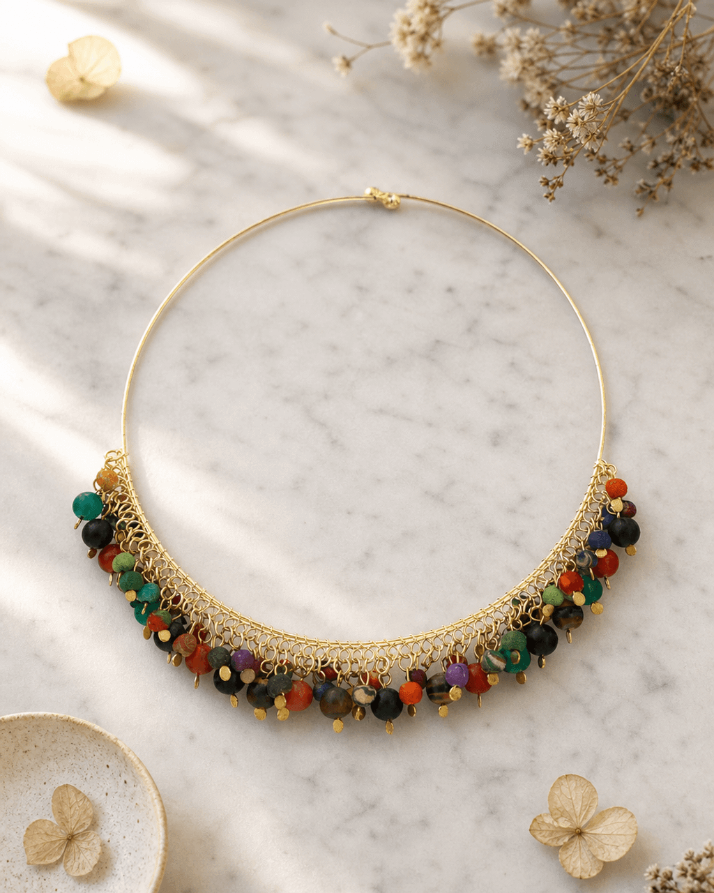 Wire Collar with Textile and Gemstone Bead Fringe