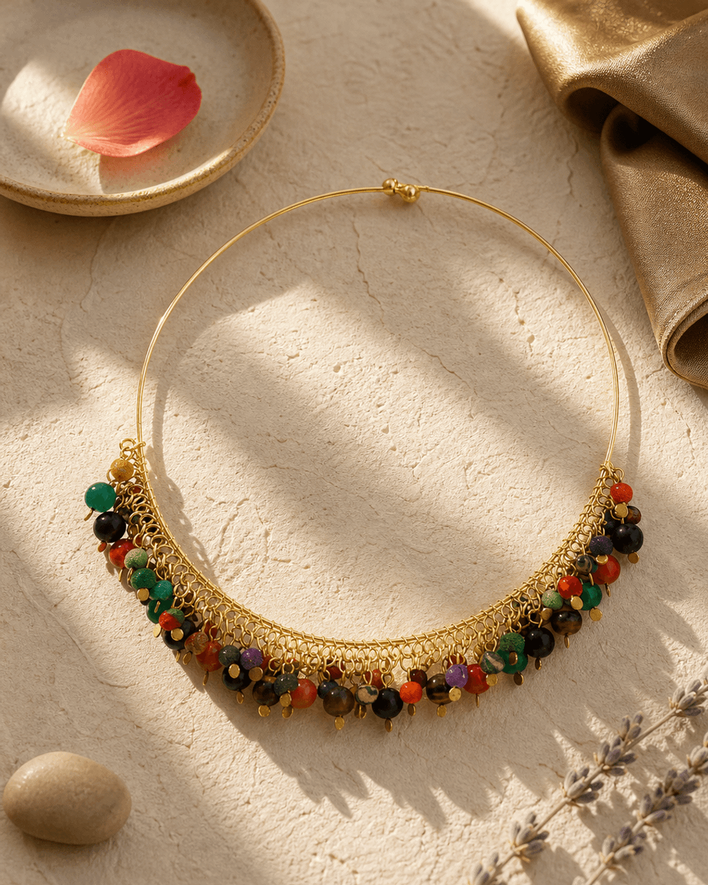 Wire Collar with Textile and Gemstone Bead Fringe
