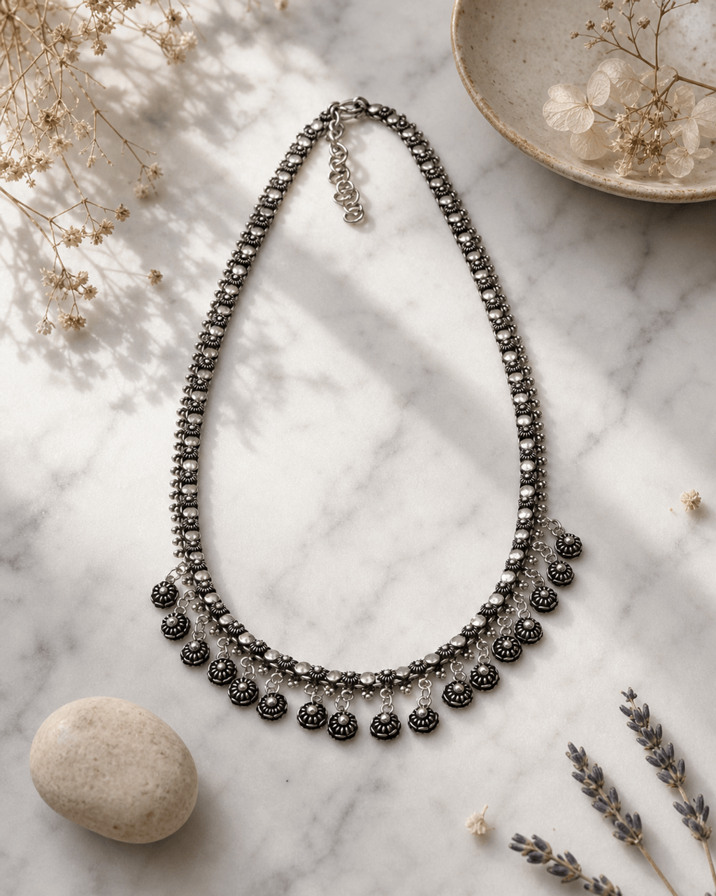 Hill Tribe Silver Flower Fringe Necklace
