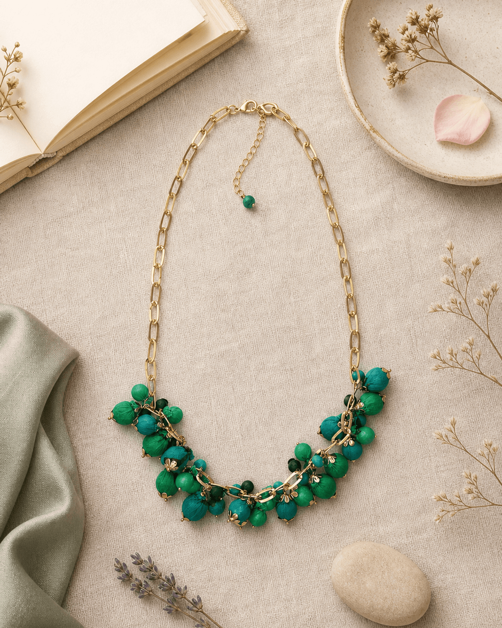 Fabric Bead Cluster Necklace in Green and Teal