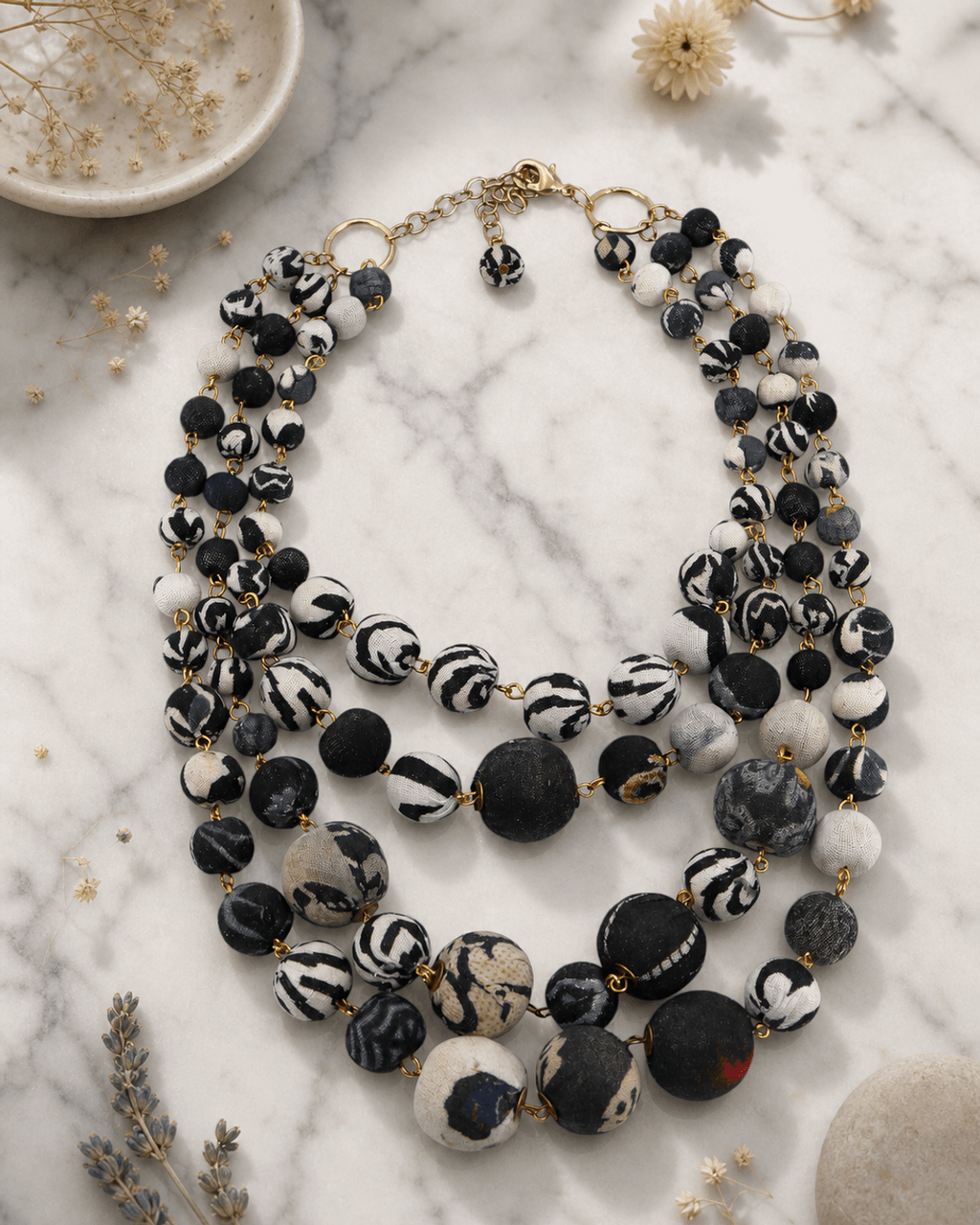 Four-Strand Fabric Bead Necklace, Black and Cream