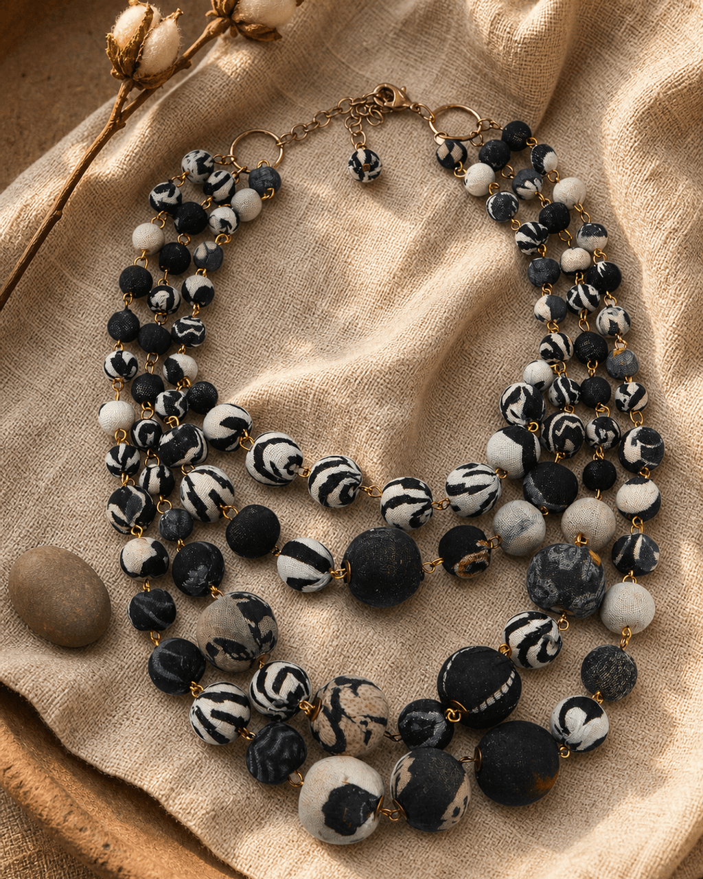 Four-Strand Fabric Bead Necklace, Black and Cream