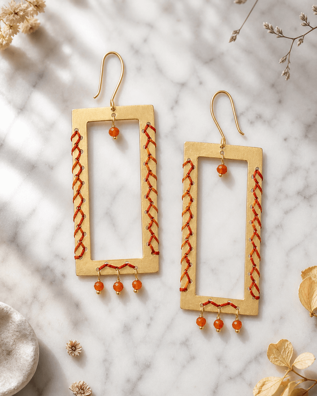 Rectangle Frame Earrings with Orange Thread and Carnelian