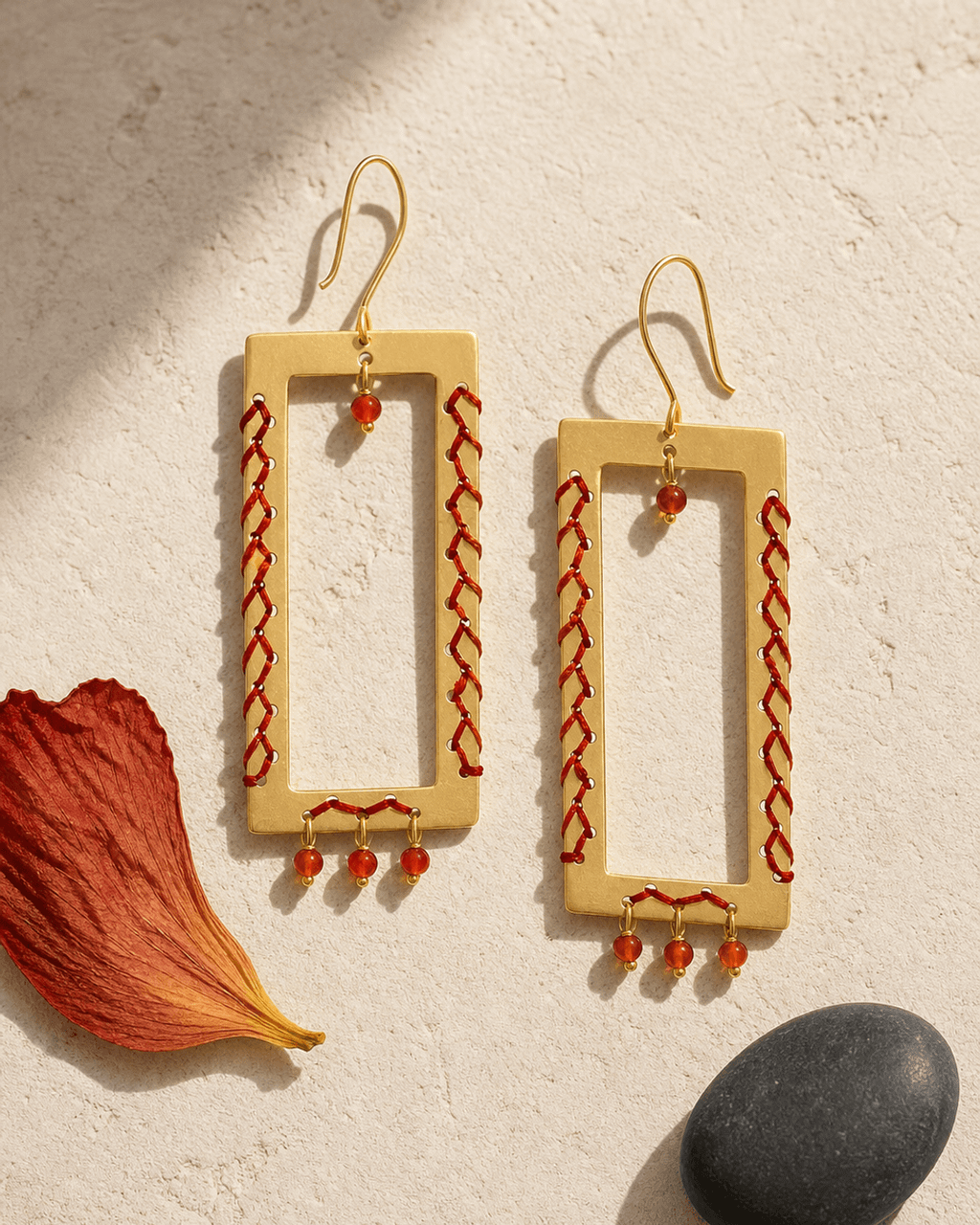 Rectangle Frame Earrings with Orange Thread and Carnelian
