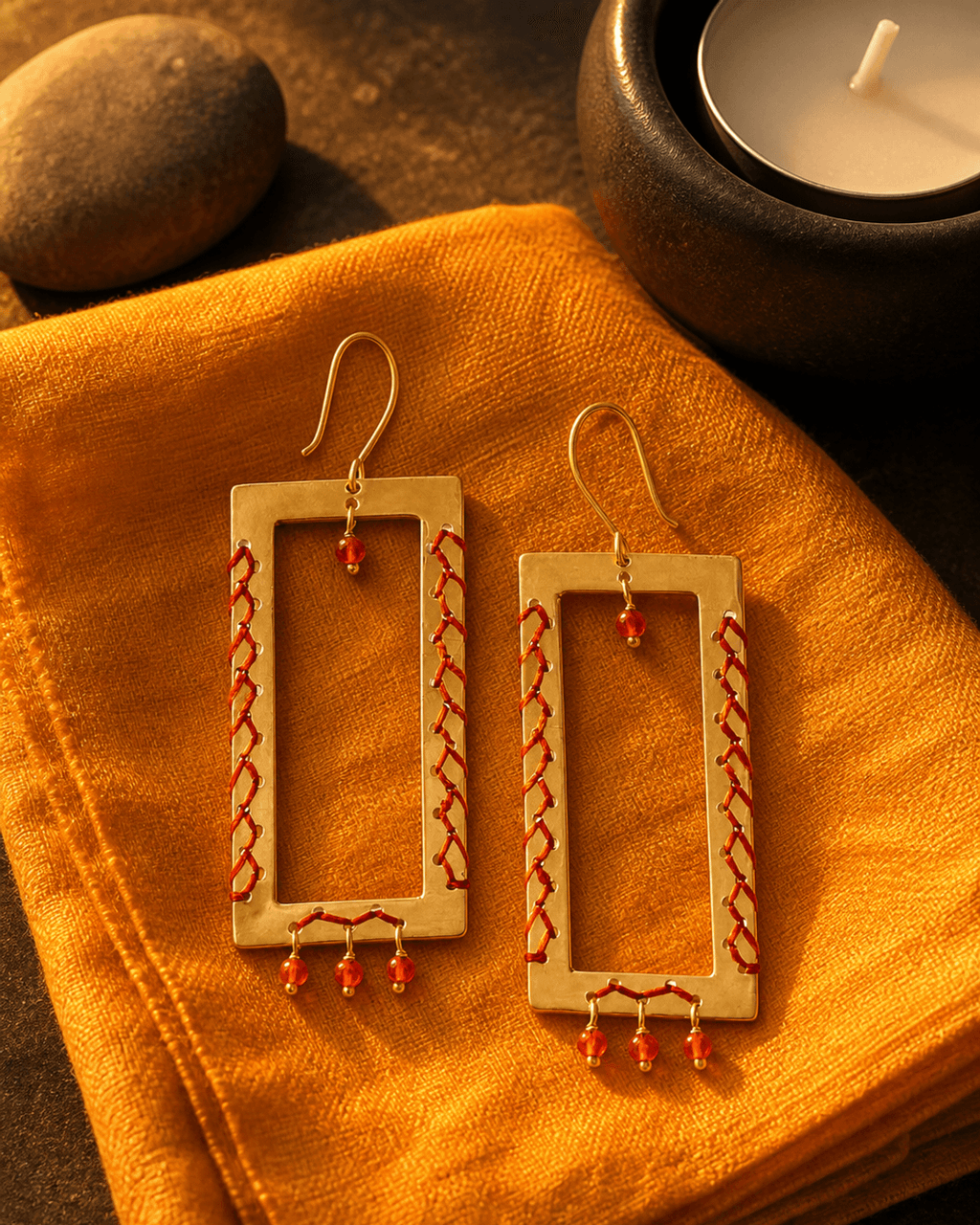 Rectangle Frame Earrings with Orange Thread and Carnelian