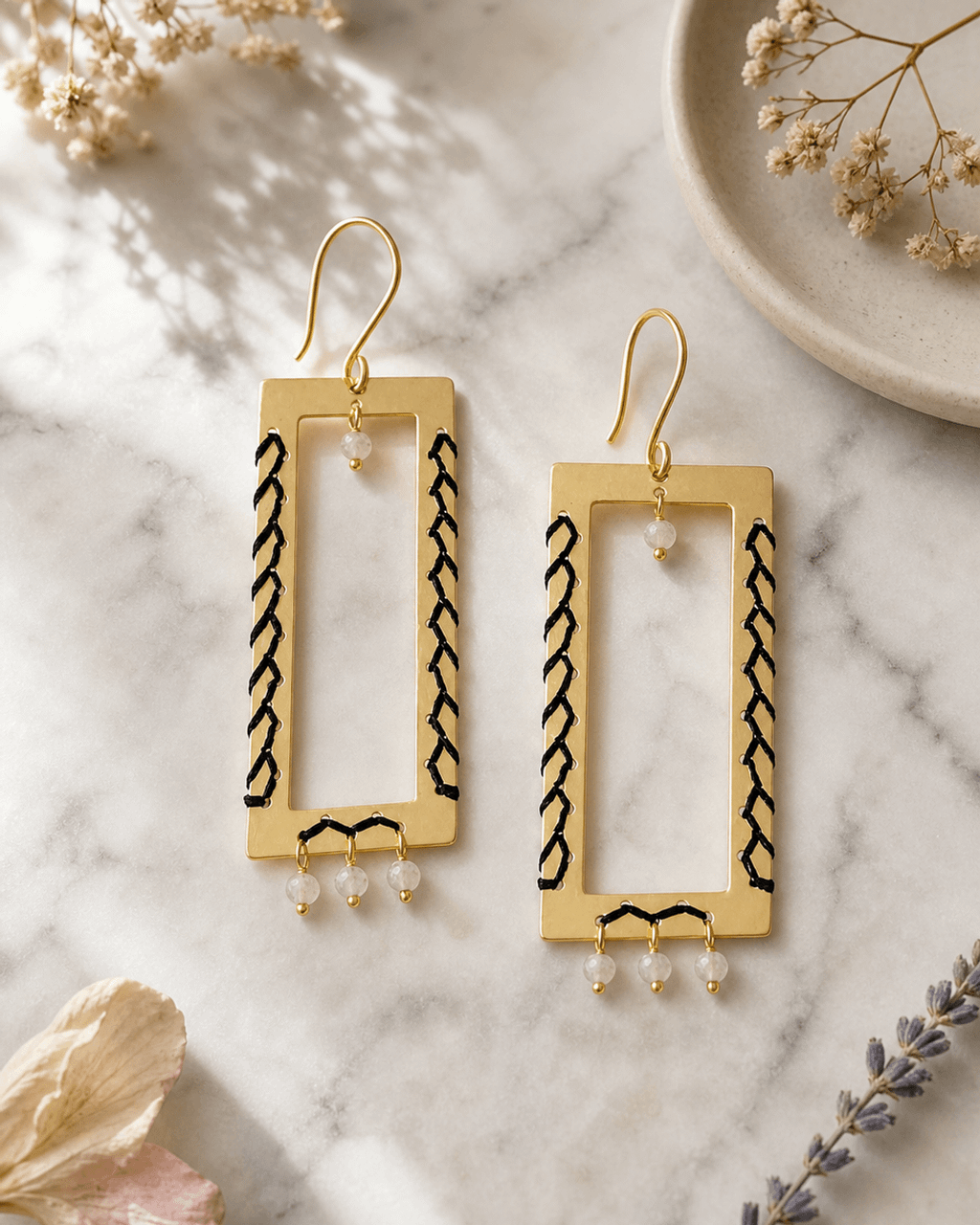 Threaded Rectangle Drop Earrings, Labradorite