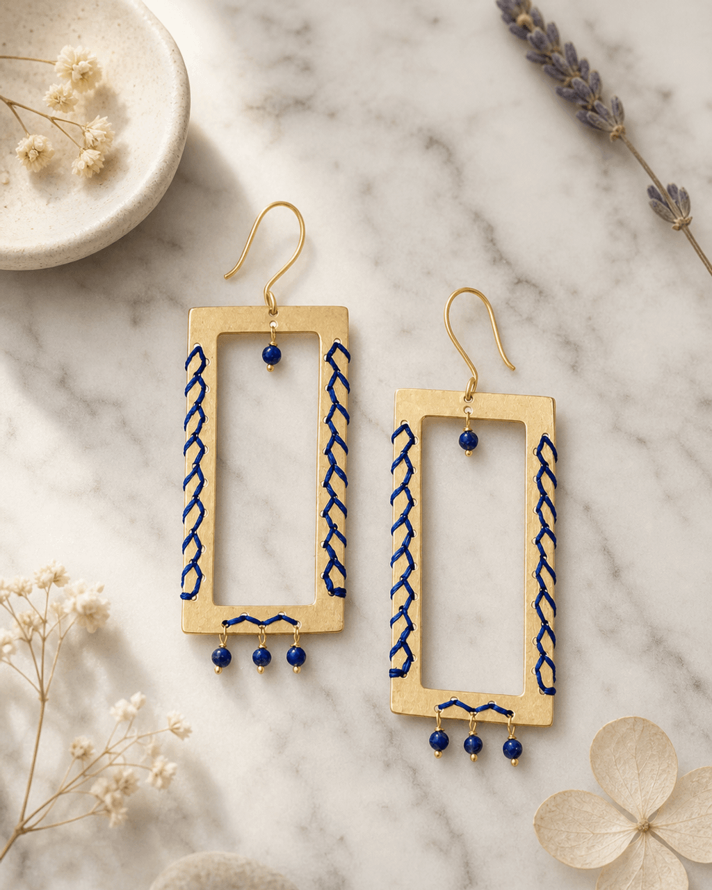 Cobalt-Laced Brass Rectangle Earrings with Lapis