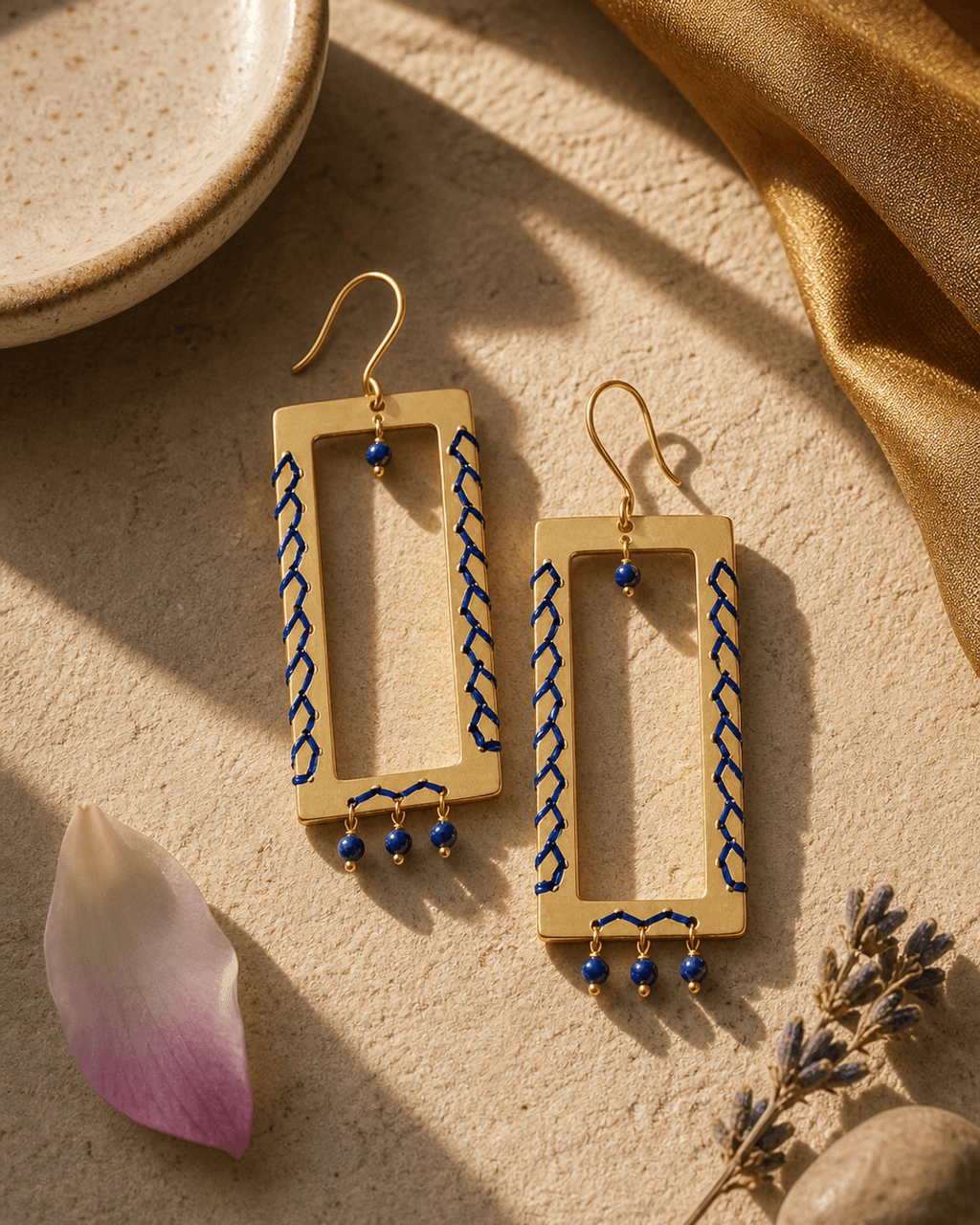 Cobalt-Laced Brass Rectangle Earrings with Lapis