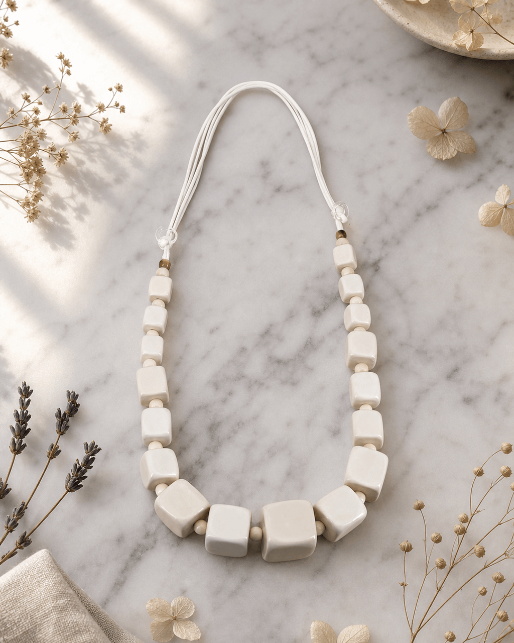 Graduated Cube Necklace, Soft White Wood