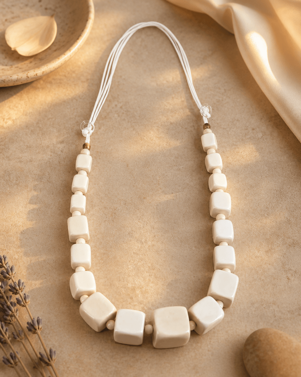 Graduated Cube Necklace, Soft White Wood