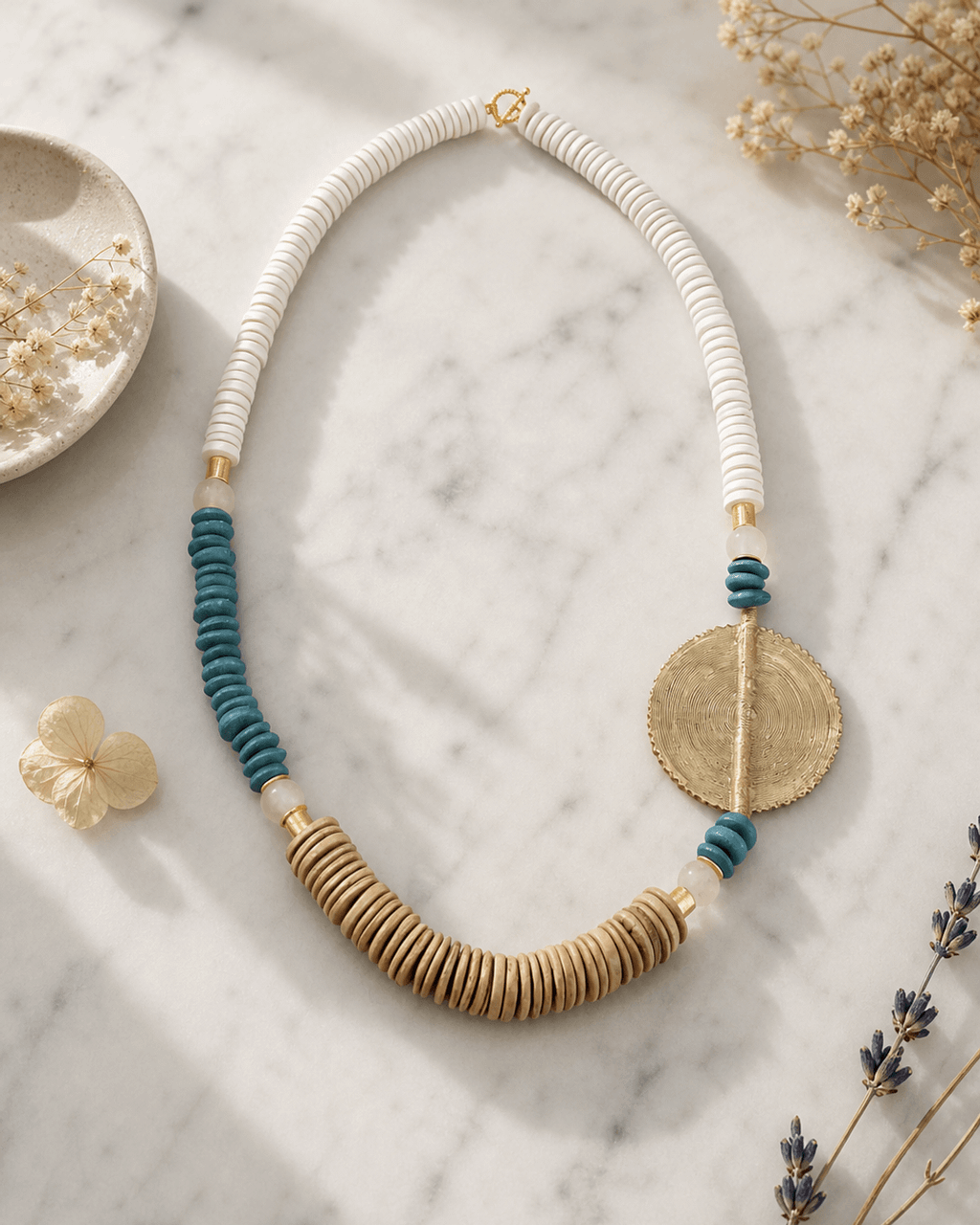 Asymmetric Brass Medallion Necklace with Bone and Teal Beads
