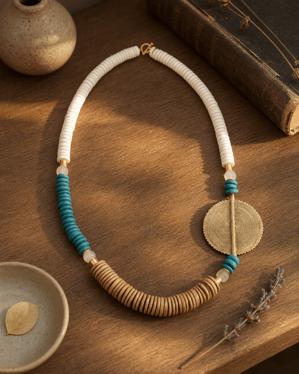 Asymmetric Brass Medallion Necklace with Bone and Teal Beads